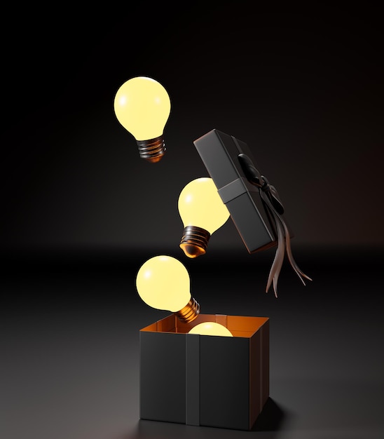 Light bulb floating out of gift box with black ribbon and bow on black 3D render