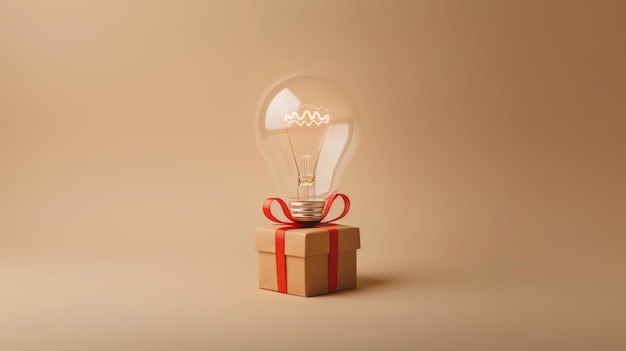 Photo light bulb on gift box with red ribbon creative concept innovation and gift idea concept