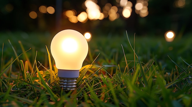 a light bulb in the grass with the sun behind it