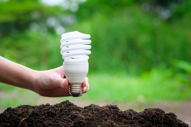 Light bulb on green background Ecological technology Save earth concept