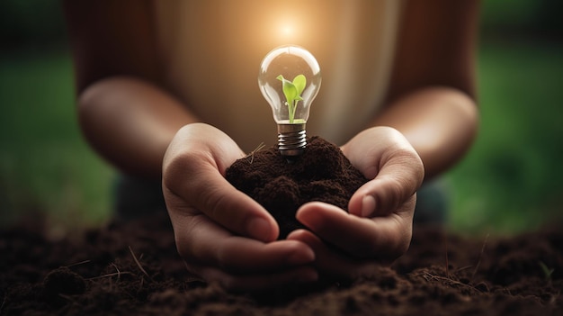 A light bulb growing out of soil held in hands