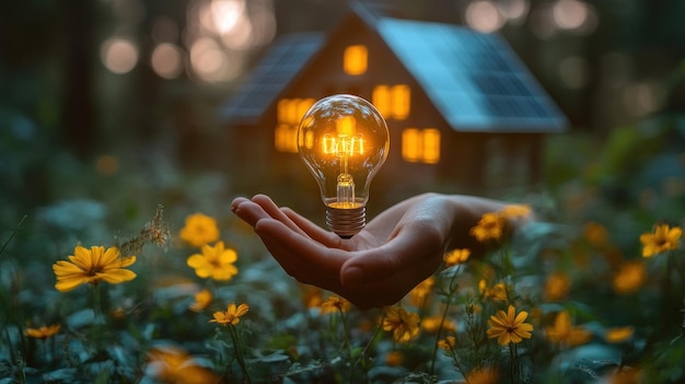 Photo light bulb in hand with a house in the background