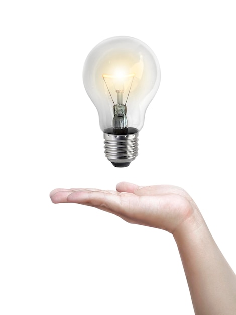 Light bulb in handRealistic photo image Turn on tungsten light bulb with hand isolated on white background