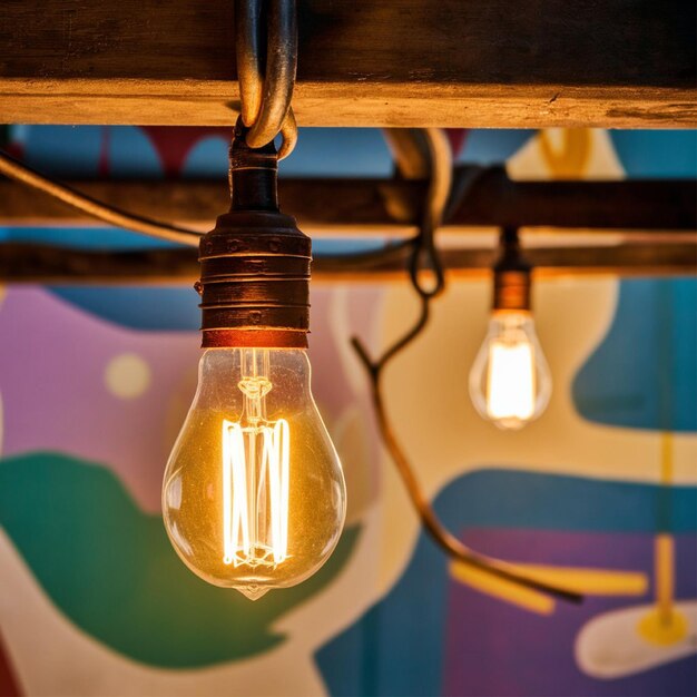 Photo a light bulb hanging from a wooden shelf with a colorful background