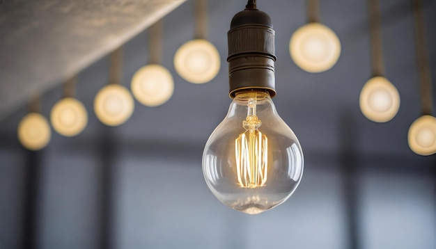 a light bulb hangs from a ceiling with the word light on it