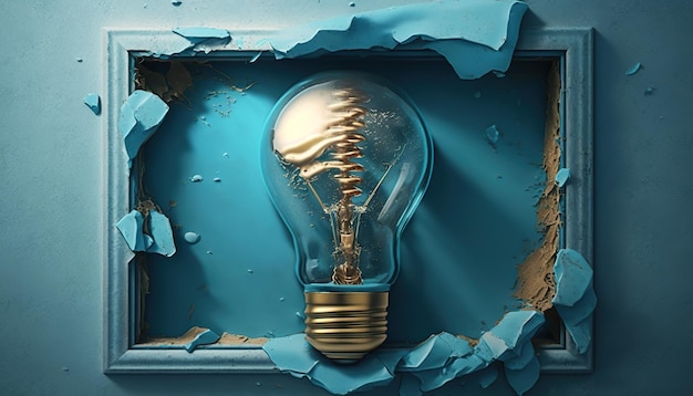 A light bulb is broken into a blue wall.