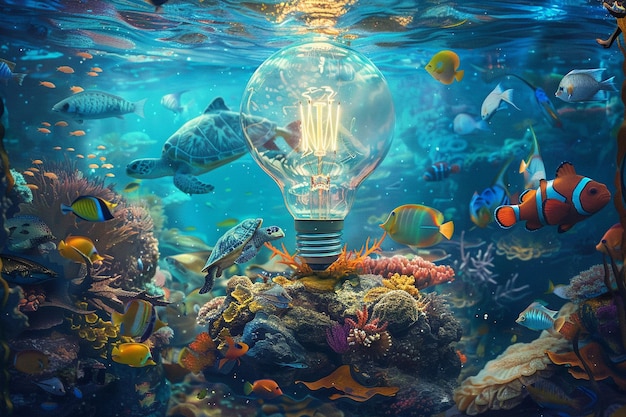 a light bulb is above a coral reef with tropical fish