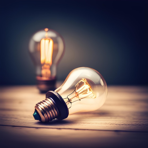 A light bulb is laying on a wooden table with a dark background.