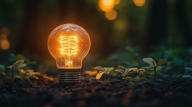 A light bulb is lit up in a field of green plants