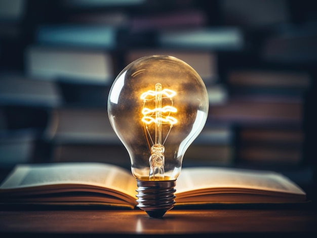 A light bulb is lit up and is sitting on top of an open book