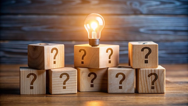 a light bulb is sitting next to a wooden cube with question marks on it