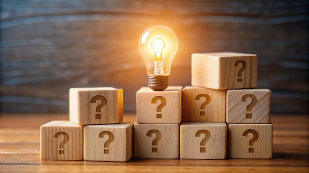 a light bulb is on top of a wooden block with question marks