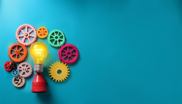 a light bulb and megaphone on a blue background the light bulb is surrounded by colorful g