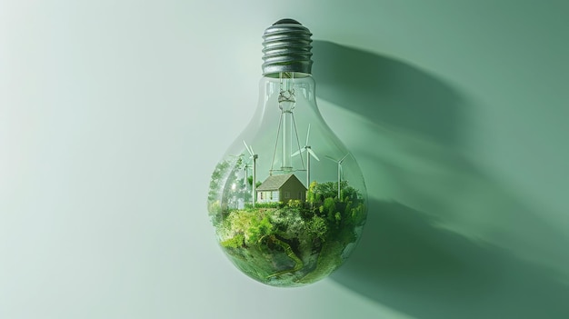 Photo light bulb miniature landscape wind turbines and cottages grassy garden concept green energy