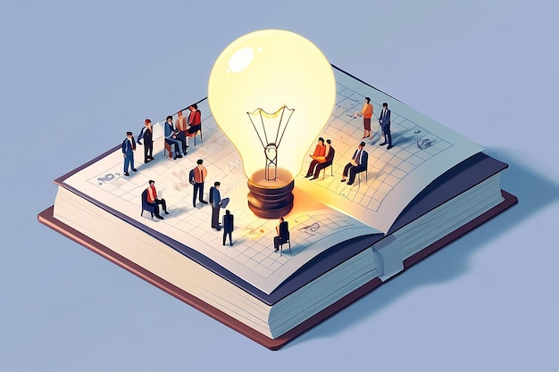 Photo light bulb over open book with business people knowledge and innovation concept