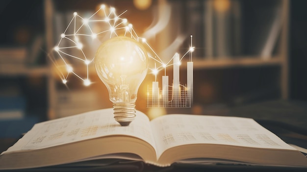 Light bulb on open book with graphs of stock market