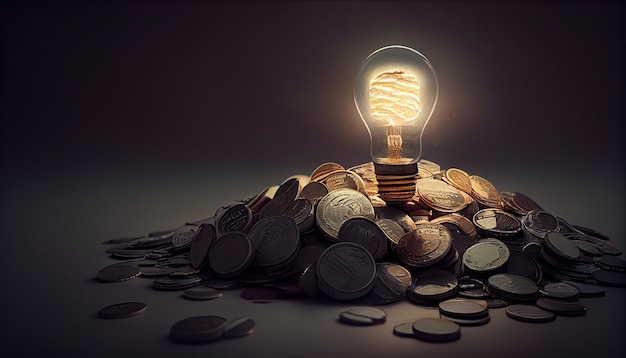 Light bulb and pile of coins copy space with Generative AI Technology