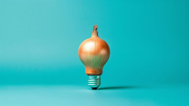 Photo light bulb resembling onion on turquoise background creative concept