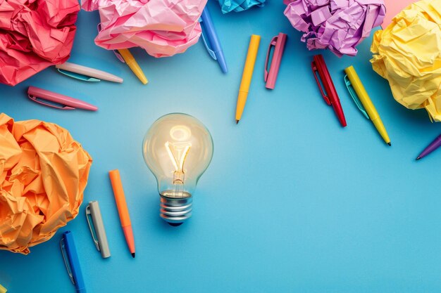 A light bulb shines brightly amidst a circle of colorful crayons and crumpled paper symbolizing