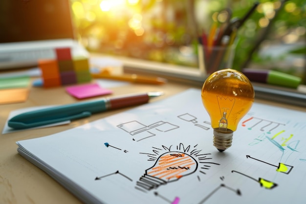 A light bulb sitting on top of a piece of paper symbolizing creativity and inspiration in financial