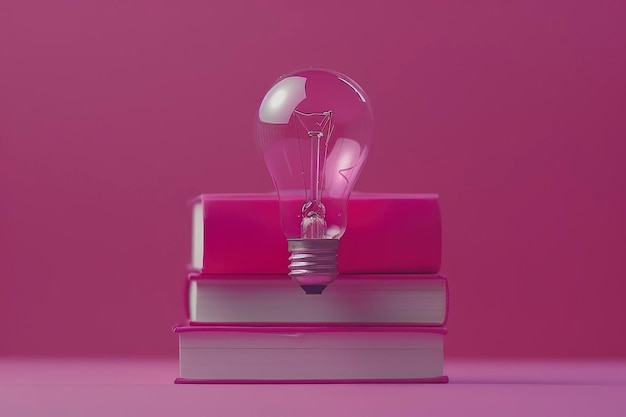 Photo light bulb on stack of pink books knowledge inspiration and learning concept