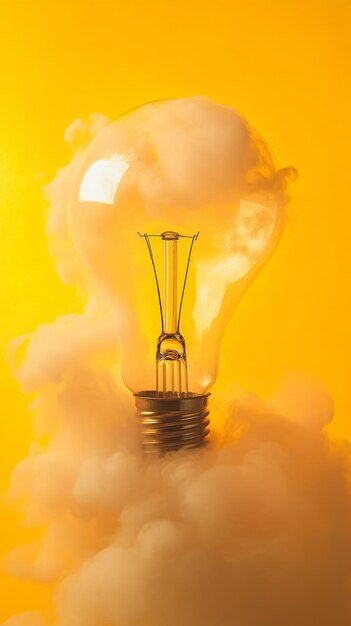 Photo light bulb surrounded by clouds on yellow background innovation and creativity concept