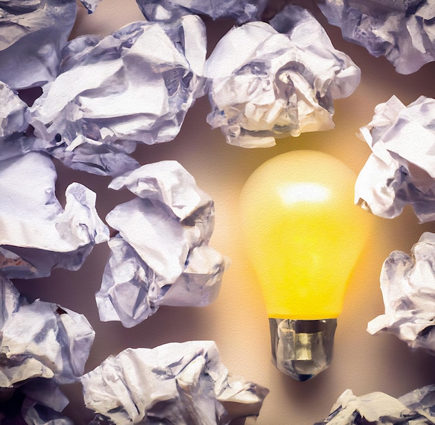 A light bulb surrounded by crumpled up paper and crumpled up paper.