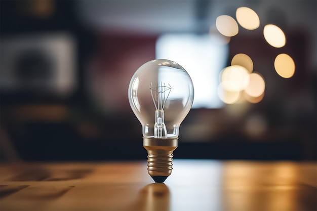 A light bulb on a table with a blurred background