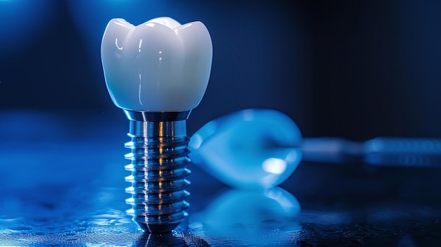 a light bulb that is on a table with a blue light bulb