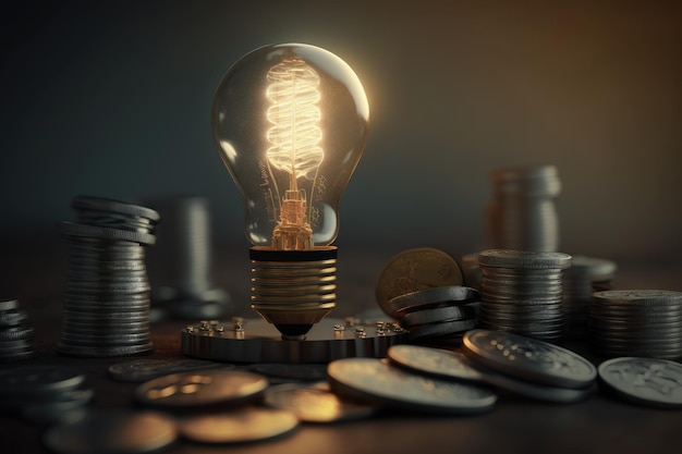 Light bulb on top of stack of coins business idea concept Digital illustration AI