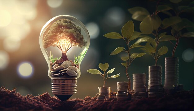 Light bulb and tree growing on stacks of coins on nature background Saving and accounting concept