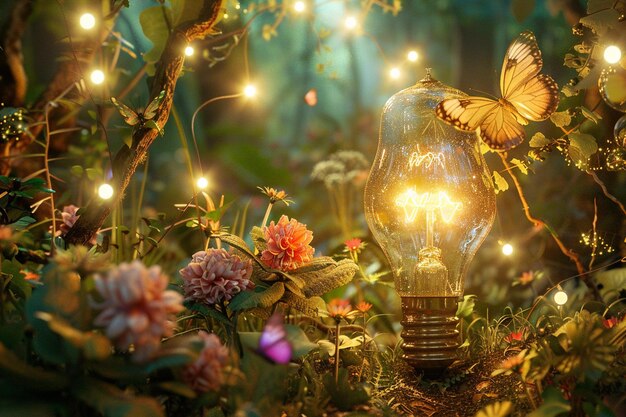 Photo a light bulb with butterflies on it is surrounded by flowers