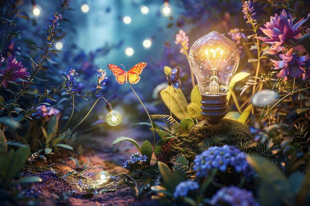 a light bulb with a butterfly on it sits in a garden