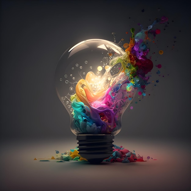 A light bulb with a colorful design and a splash of paint coming out of it.