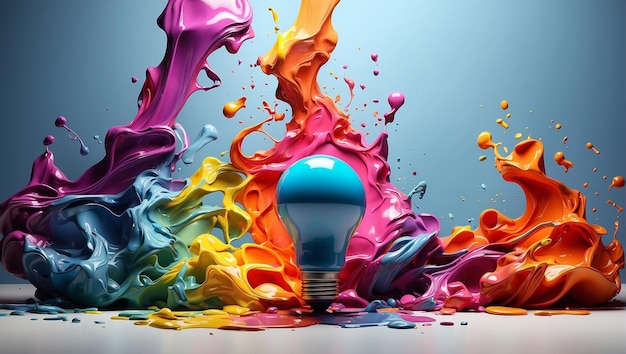 A light bulb with colorful paint splattered on it