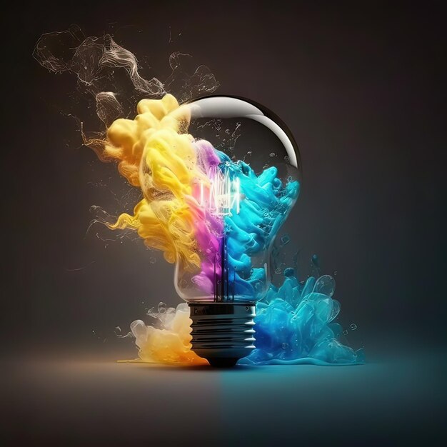 A light bulb with a colorful splash of liquid coming out of it.