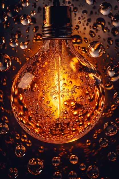 Light bulb with drops of water on dark background stock photo 1307992 Generative AI