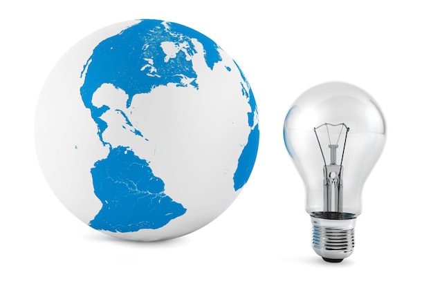 Photo light bulb with earth globe on a white background