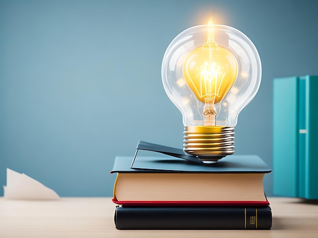 Light bulb with education learning open book with school accessories and items 3D render