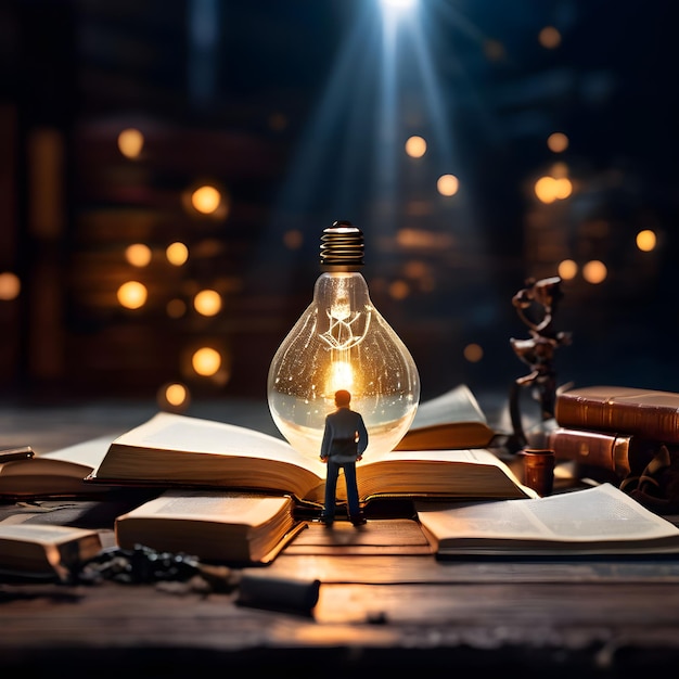 a light bulb with a figure on it sits on a book with a star on it