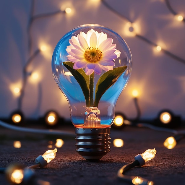 Photo a light bulb with a flower inside sitting on the ground lights with bloom