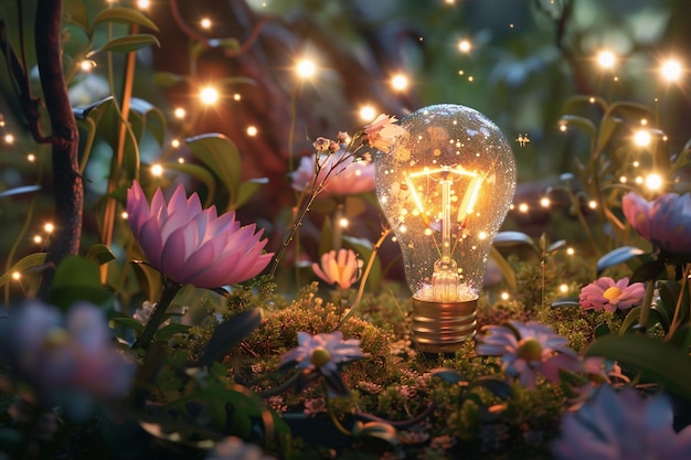 a light bulb with flowers and a flower in the background