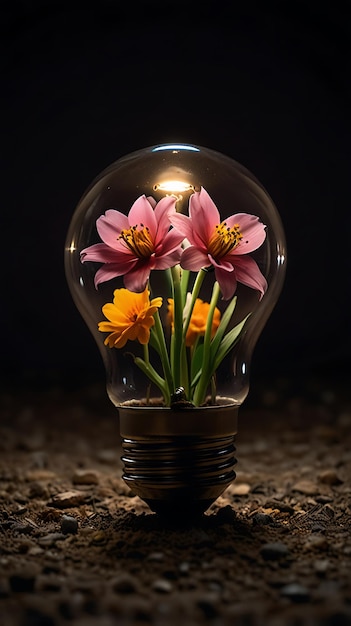 Photo a light bulb with flowers inside it