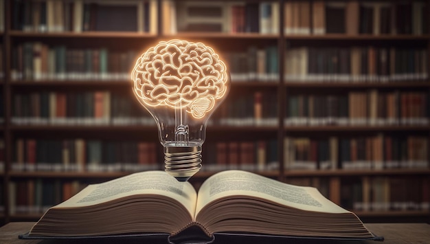 Photo light bulb with a glowing brain hovering over an open book symbolizing knowledge and creative ideas