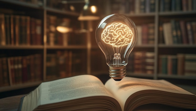 Photo light bulb with a glowing brain hovering over an open book symbolizing knowledge and creative ideas