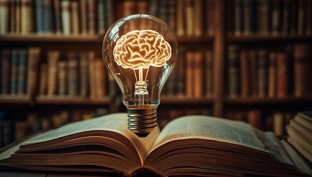 Photo light bulb with a glowing brain hovering over an open book symbolizing knowledge and creative ideas