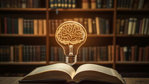 Photo light bulb with a glowing brain hovering over an open book symbolizing knowledge and creative ideas