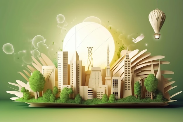 Light bulb with green eco city Generative AI illustration