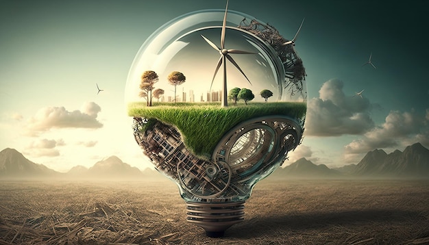 A light bulb with a green field and a windmill on it.