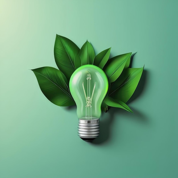 Light bulb with green leaves Generative AI